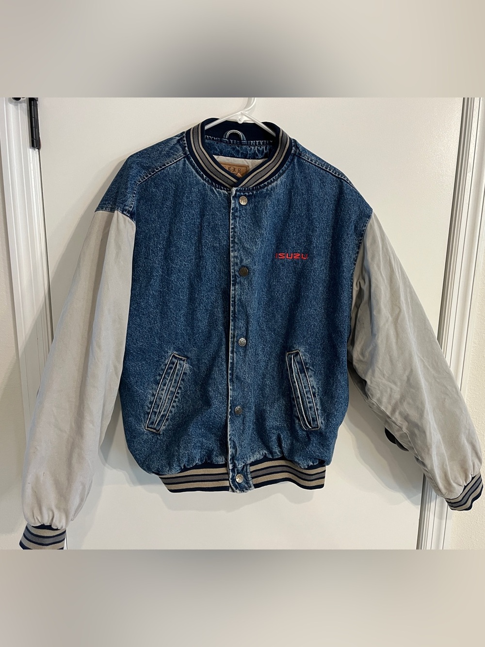 Men’s size large vintage Gear For Sports Denim Varsity Bomber Isuzu Jacket READ